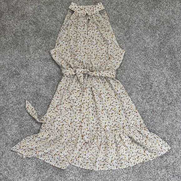 NWT Beachsissi Womens Medium Dress Floral Brown Tan Cream Button Neck Sleeveless - Picture 3 of 8